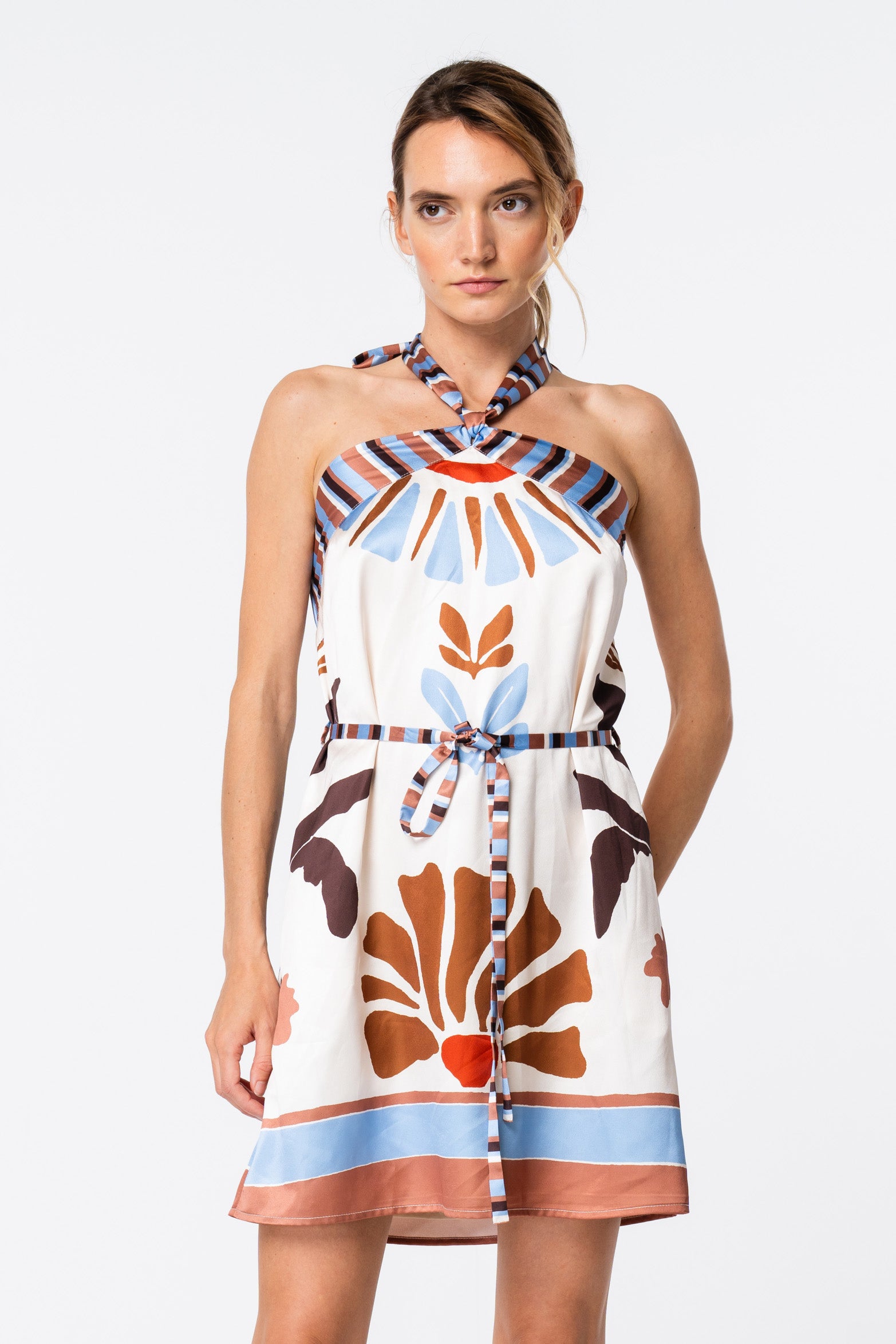 LIO CROSS NECK HALTER MINI DRESS