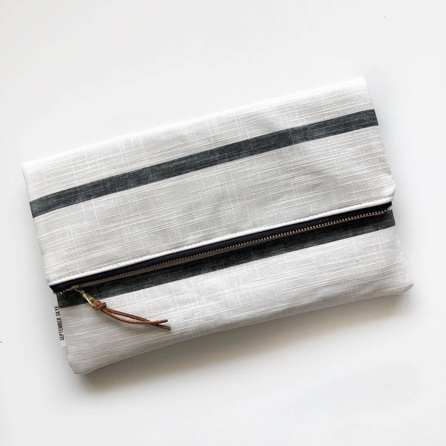 LARGE FOLDOVER CLUTCH in farmhouse white and black stripe