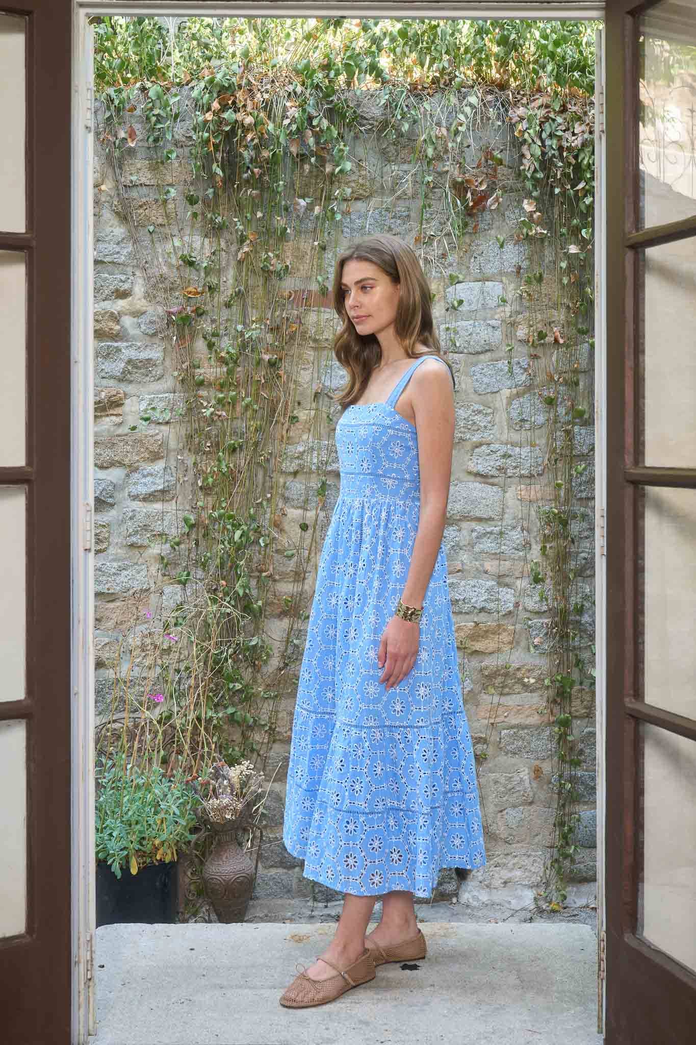 FLORAL EYELET MIDI DRESS