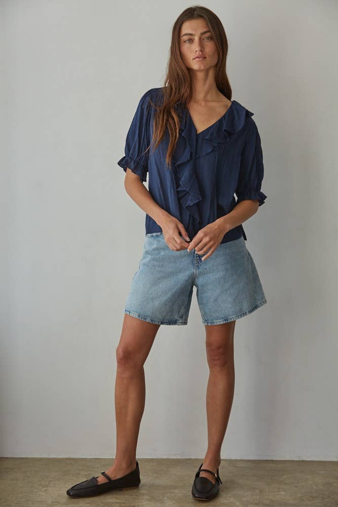 Woven V-Neck Short Sleeve Top