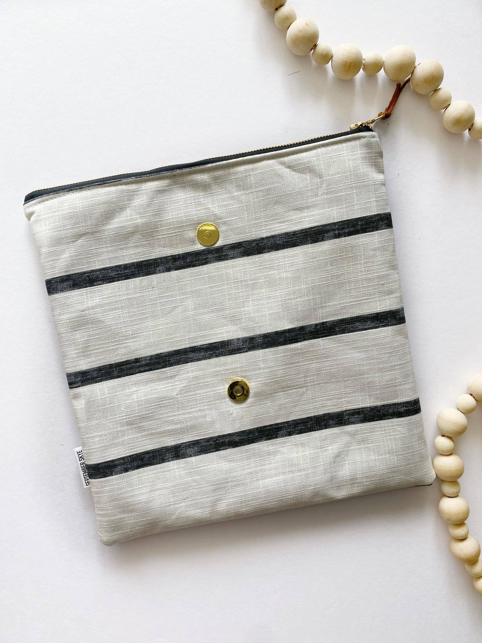 LARGE FOLDOVER CLUTCH in farmhouse white and black stripe