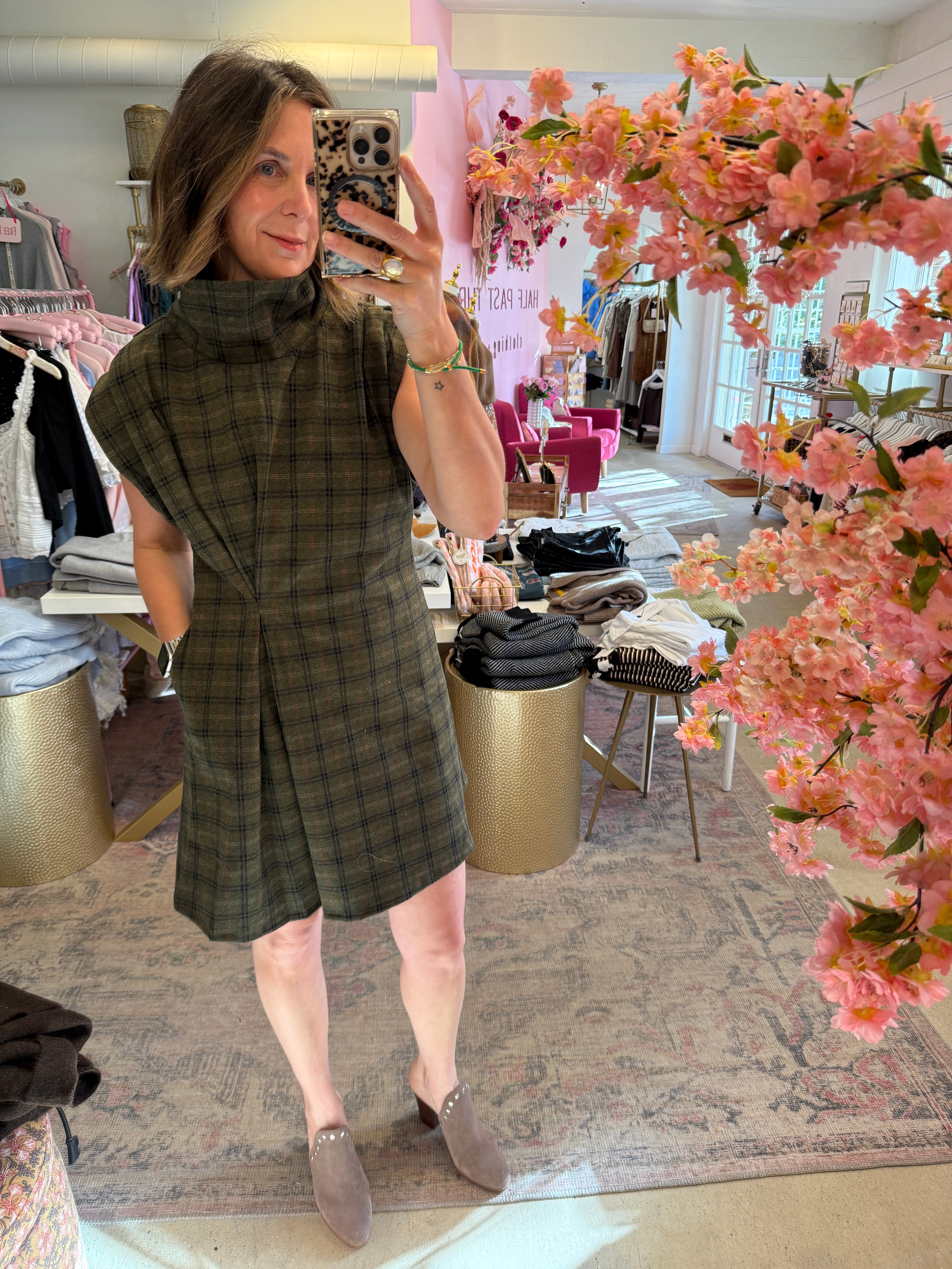 PLAID FUNNEL NECK DRESS