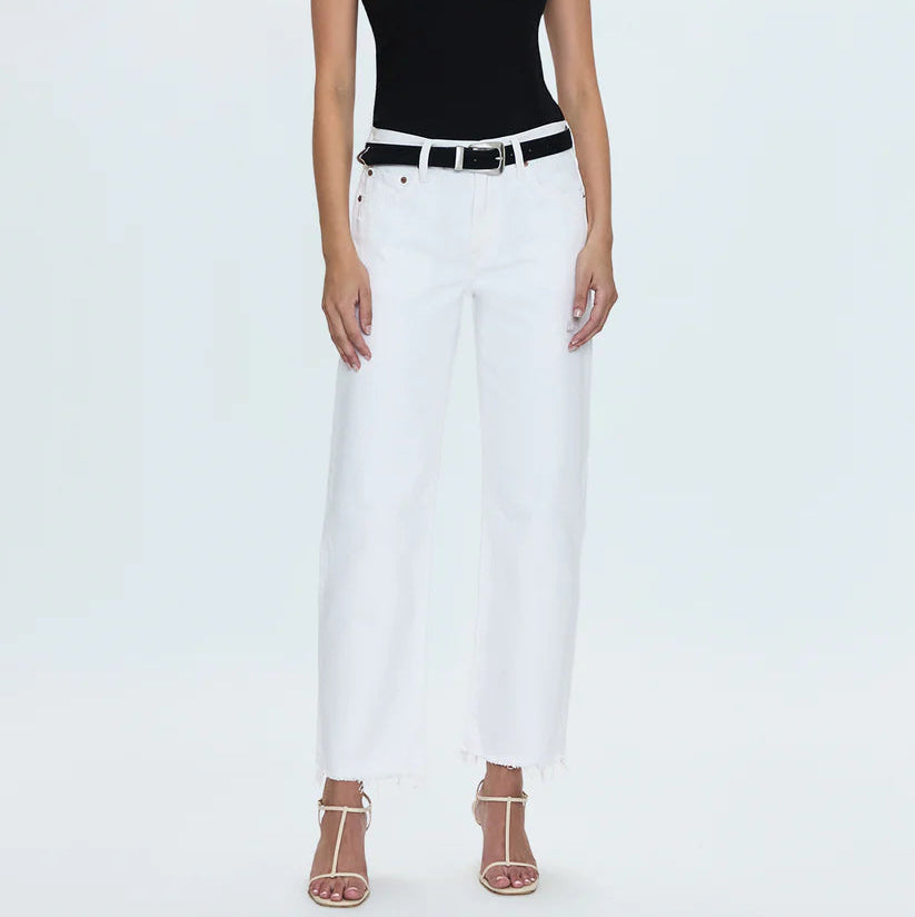 LEXI MID RISE BOWED STRAIGHT LEG JEANS in luxe white vintage