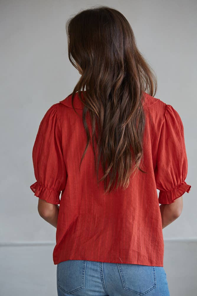 Woven V-Neck Short Sleeve Top
