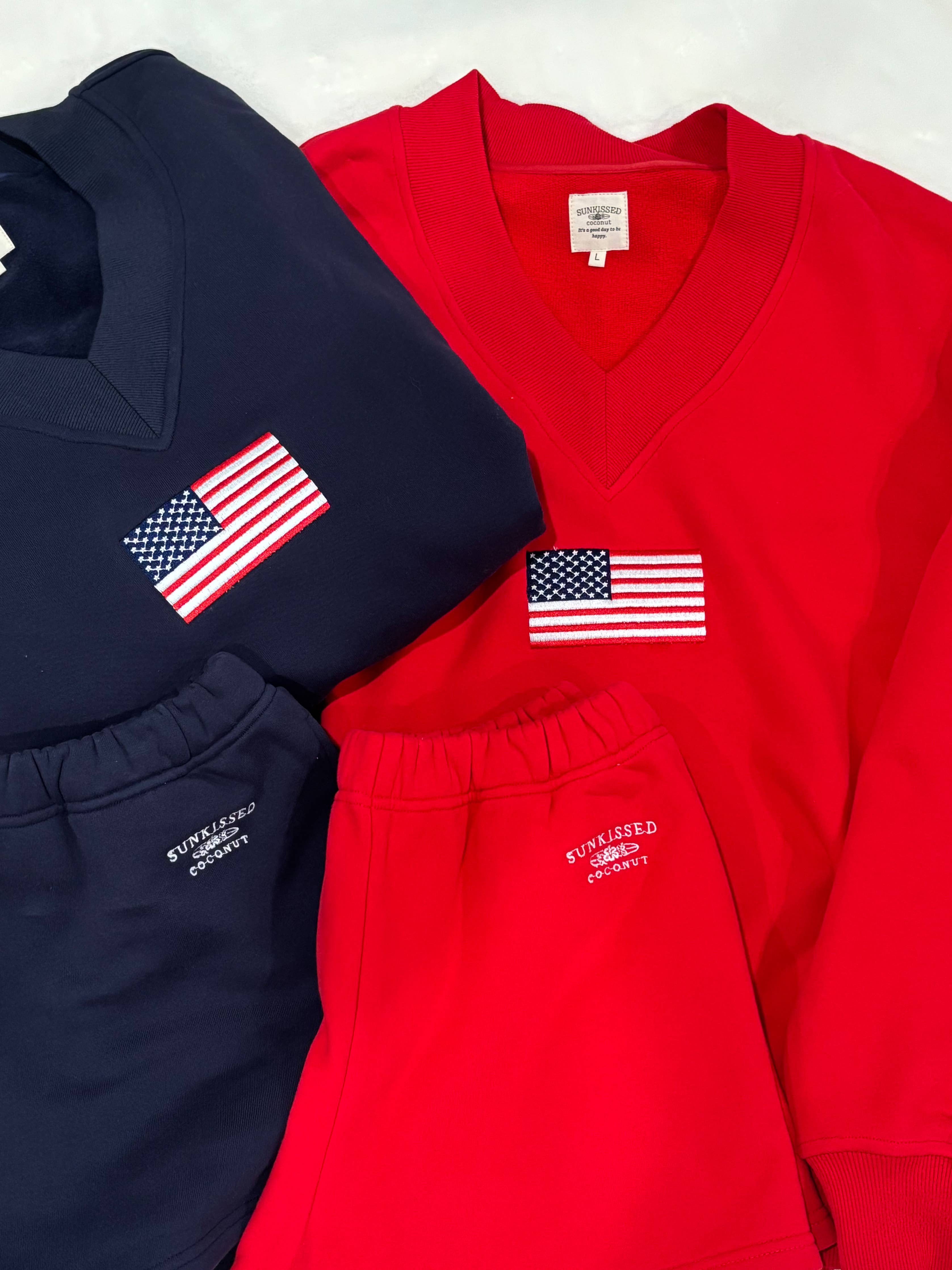 AMERICAN FLAG EMBROIDERED V-NECK SWEATSHIRT