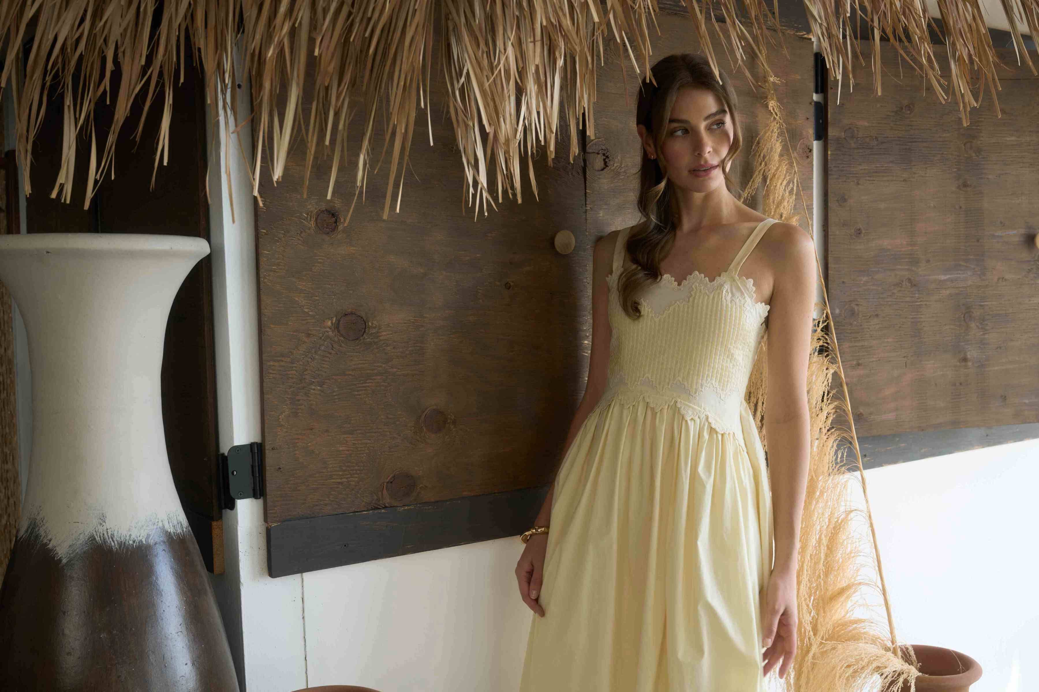 EMBROIDERED PINTUCK MIDI DRESS