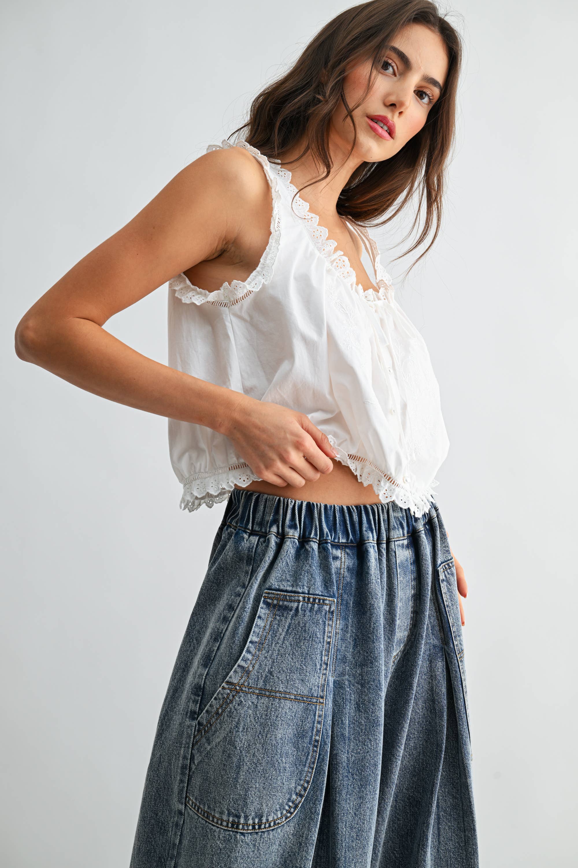 Embroidered Broderie Cotton Sleeveless Top