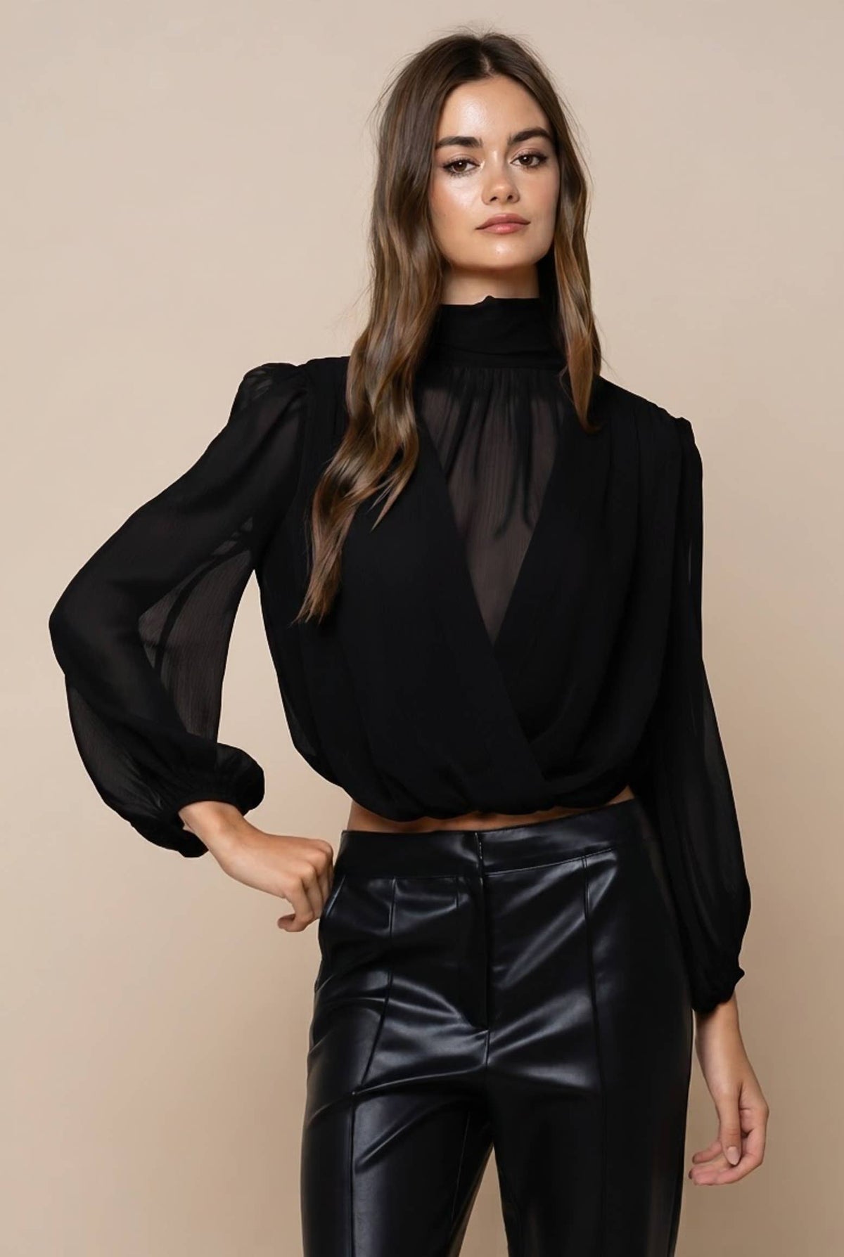 Mock Neck Draped Balloon Blouse