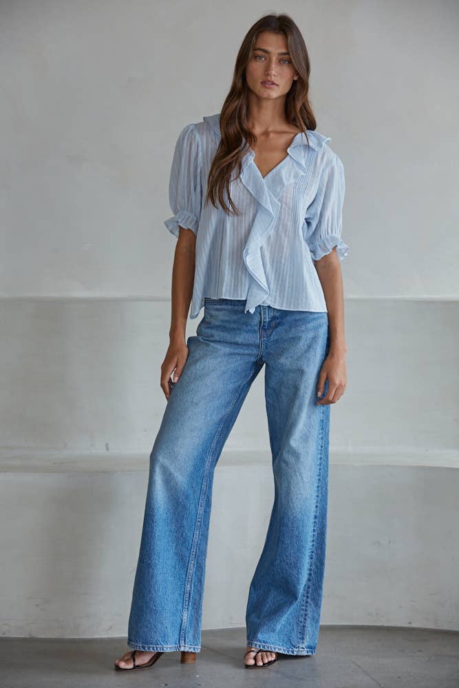 Woven V-Neck Short Sleeve Top