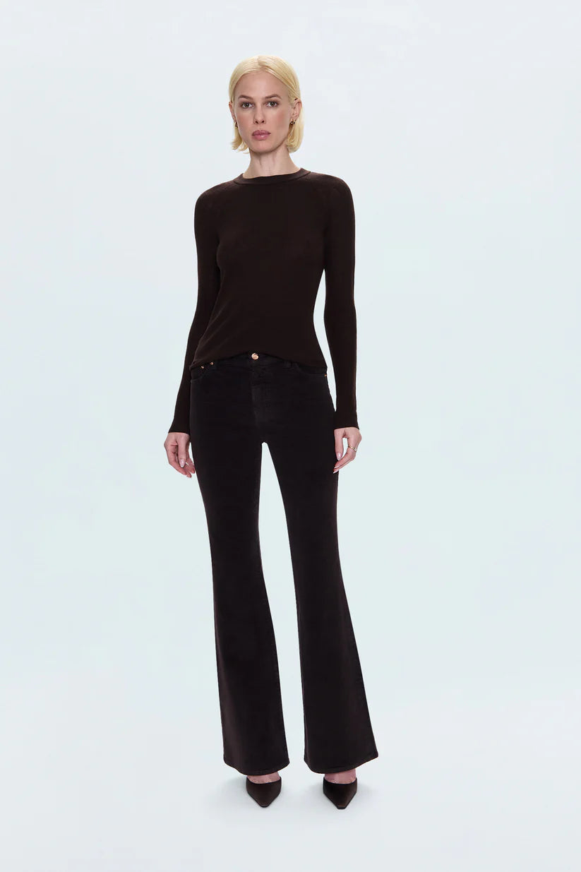 KINSLEY MID RISE ULTRA FLARE CORD PANTS in mocha