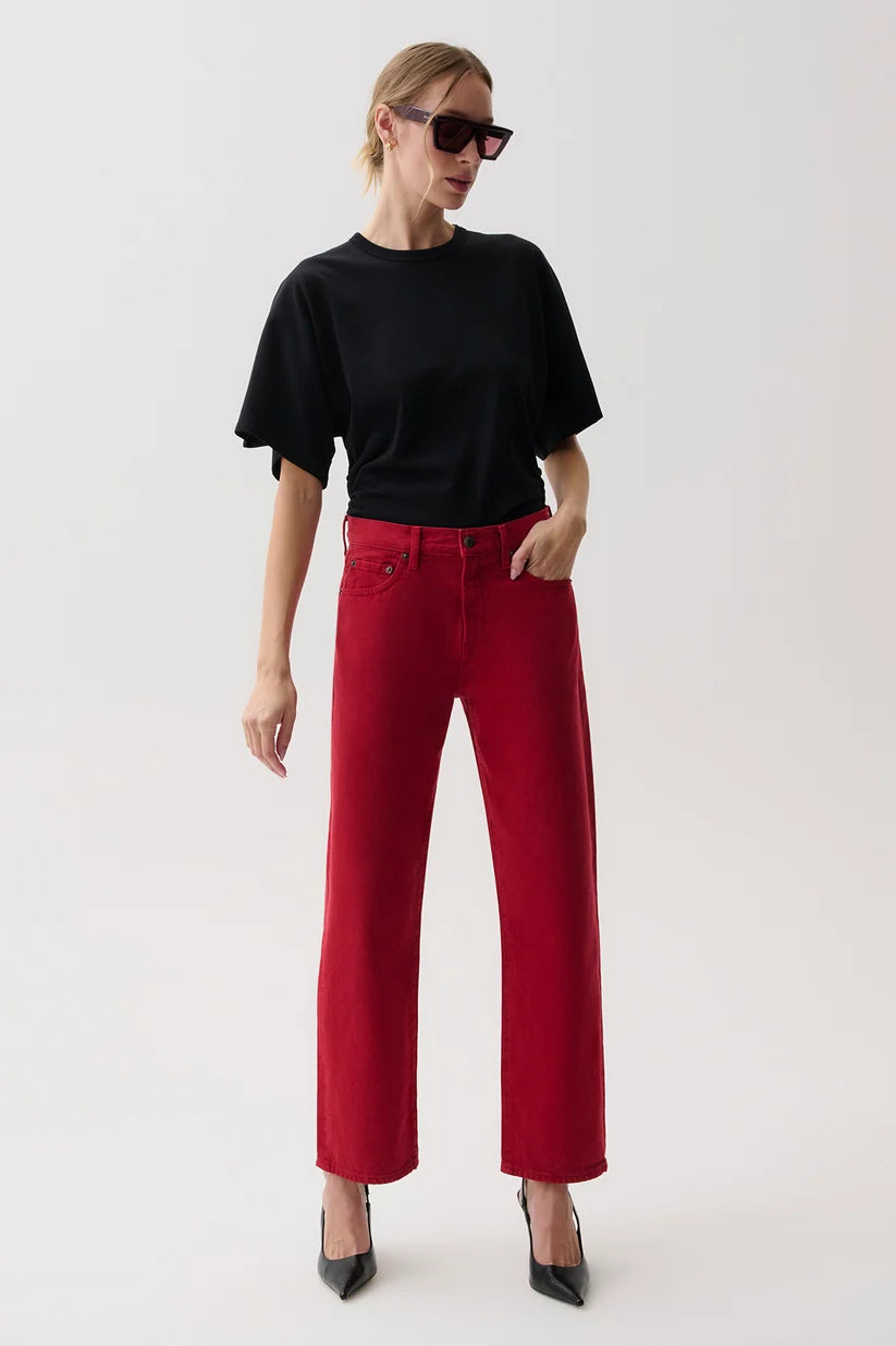 Lexi Mid Rise Bowed Straight Jeans in savvy red