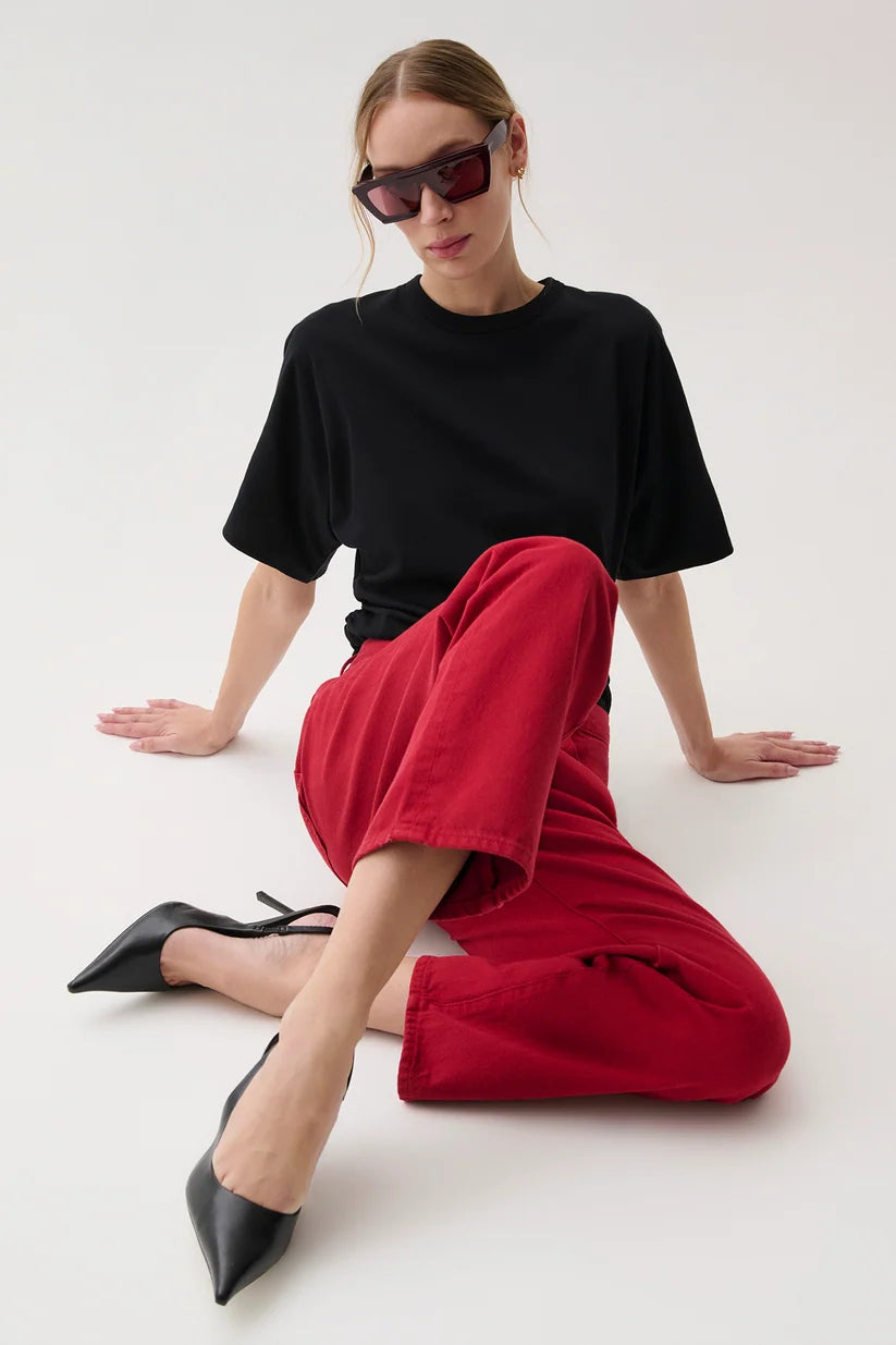 Lexi Mid Rise Bowed Straight Jeans in savvy red