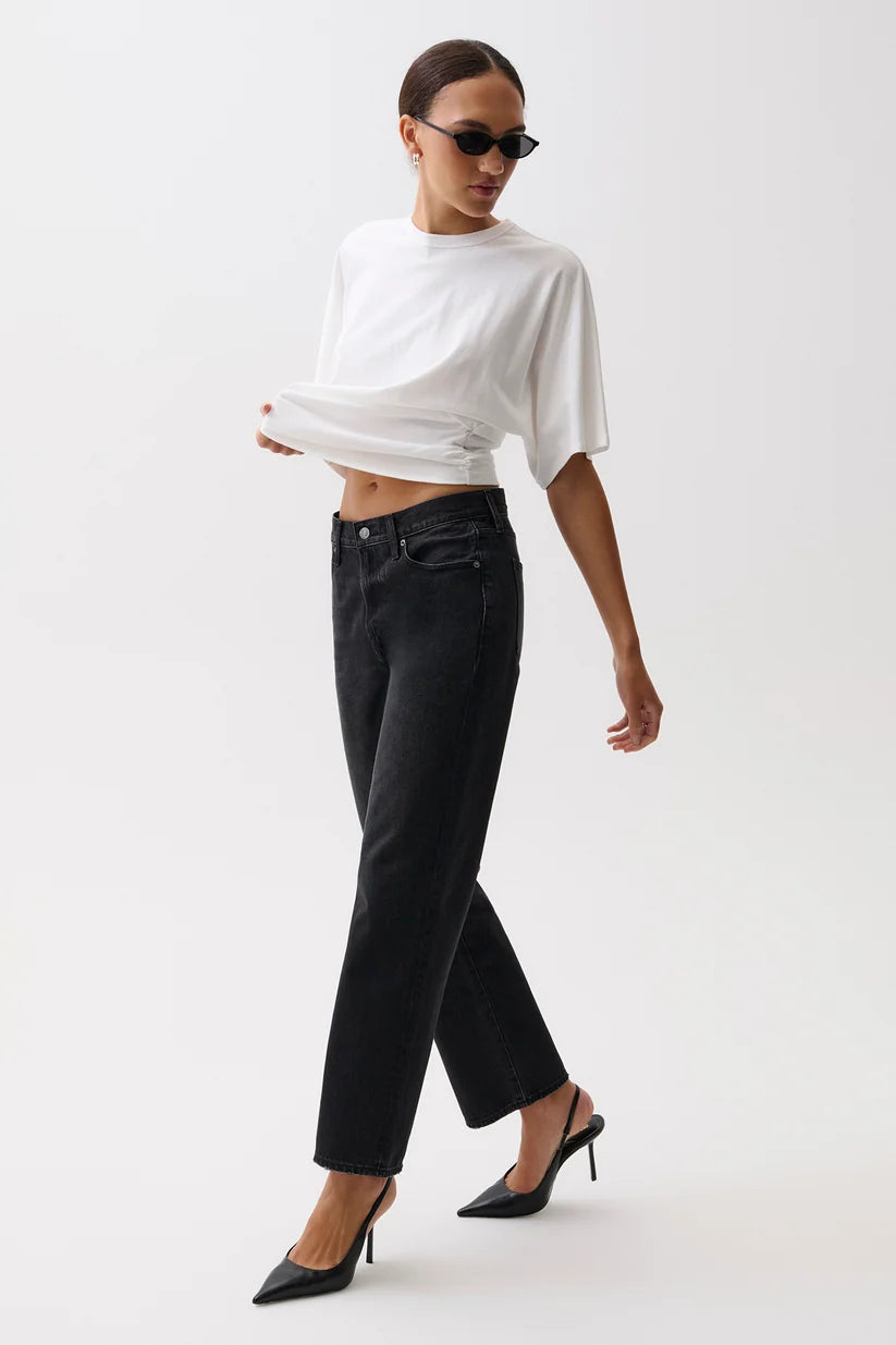 Lexi Mid Rise Bowed Straight Jeans in black night