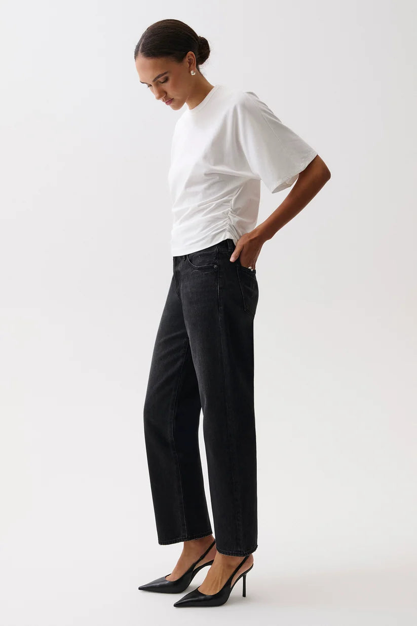 Lexi Mid Rise Bowed Straight Jeans in black night