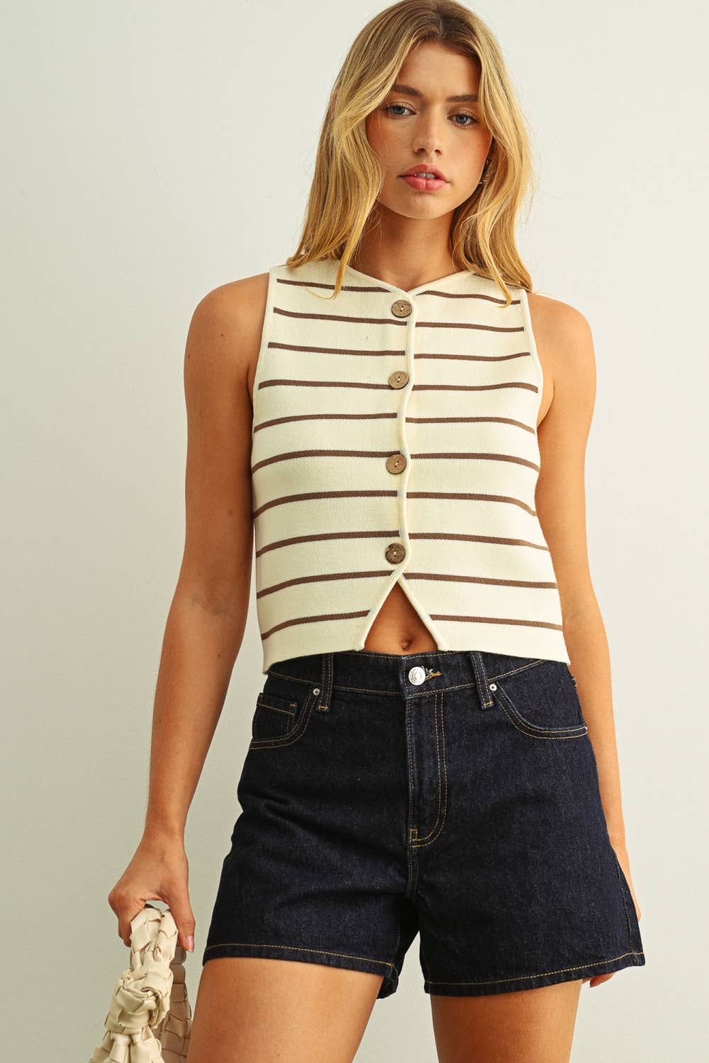 METAL BUTTON STRIPE KNIT VEST
