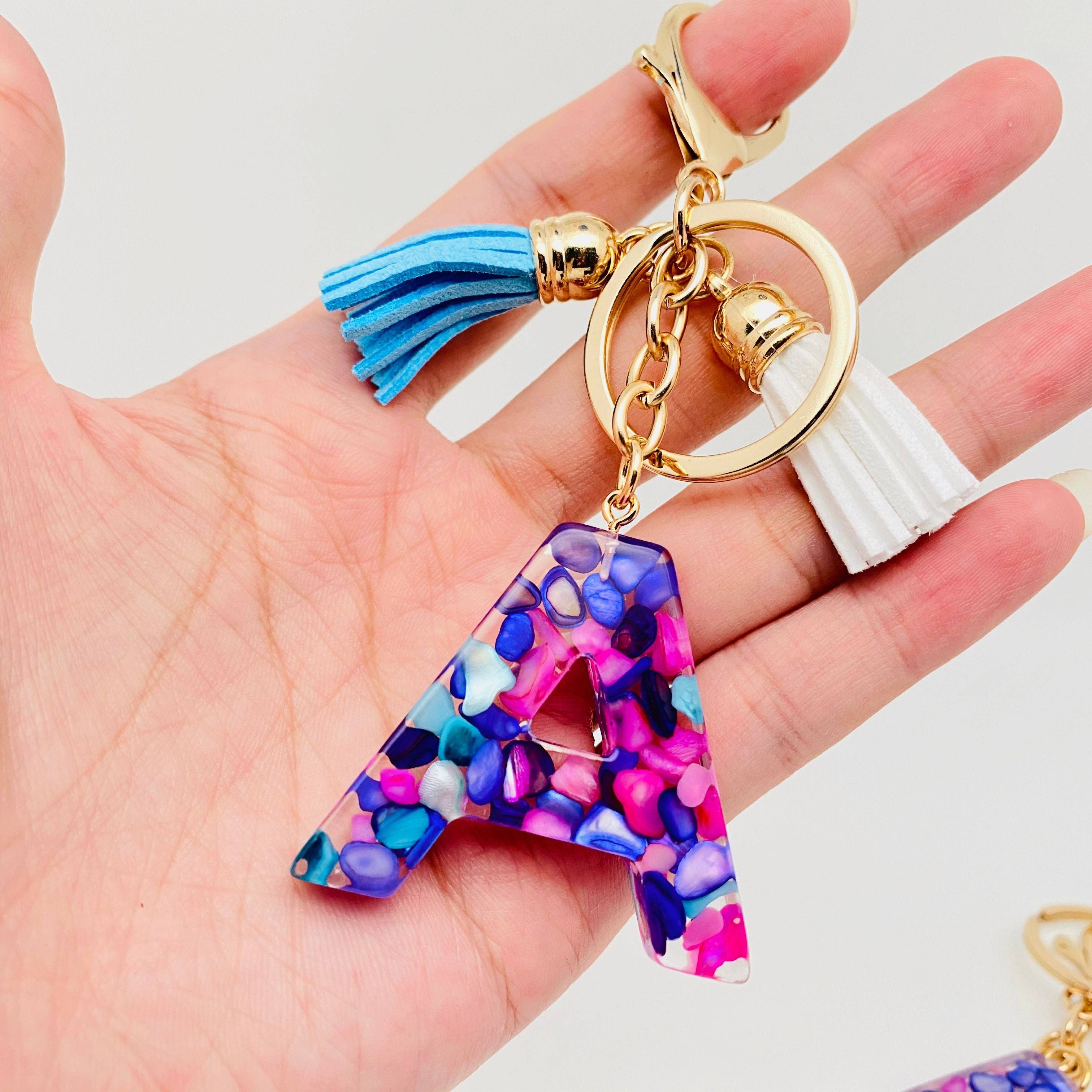 ACRYLIC LETTER TASSLE KEYCHAIN -blue