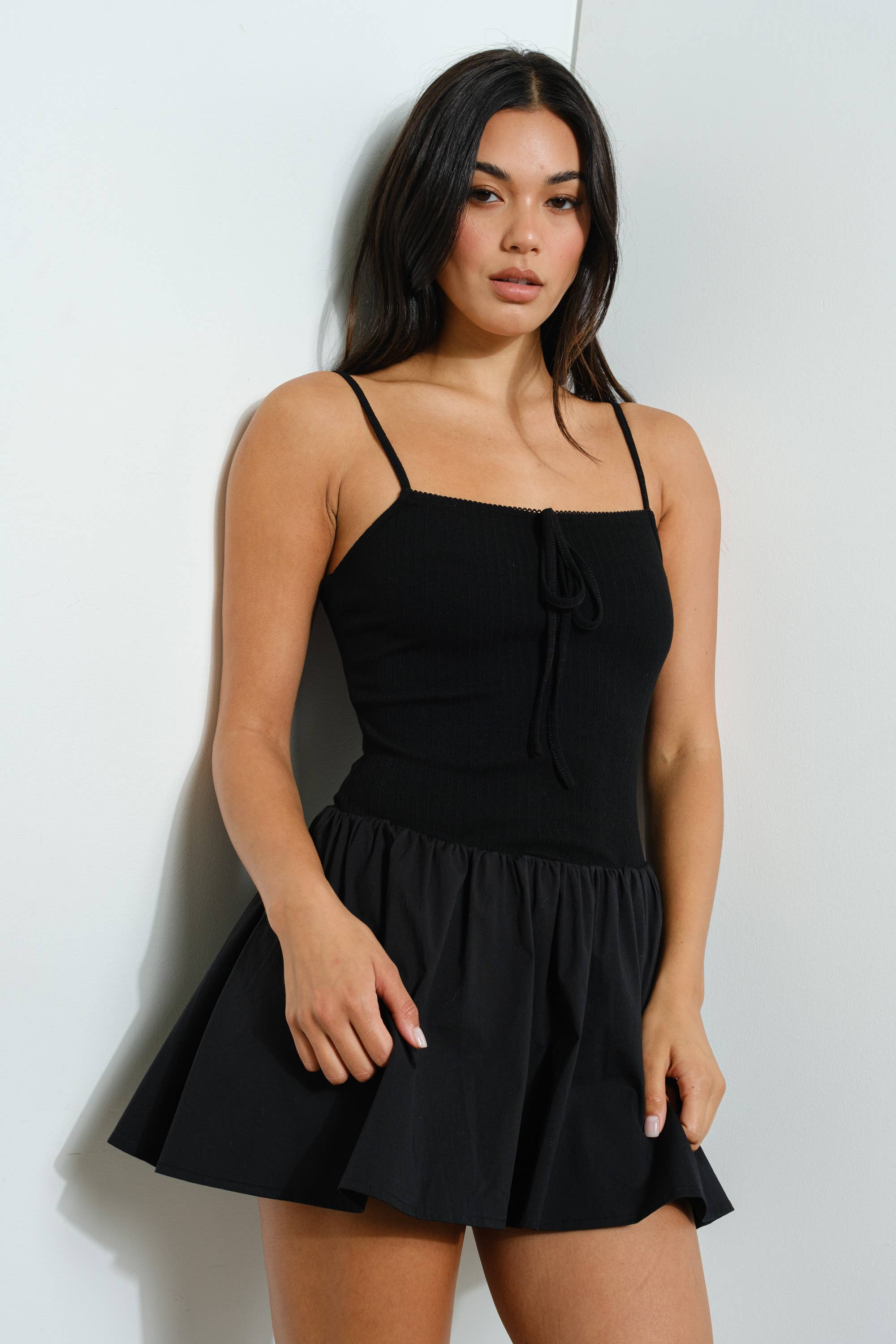 POINTELLE KNIT POPLIN COMBO MINI DRESS