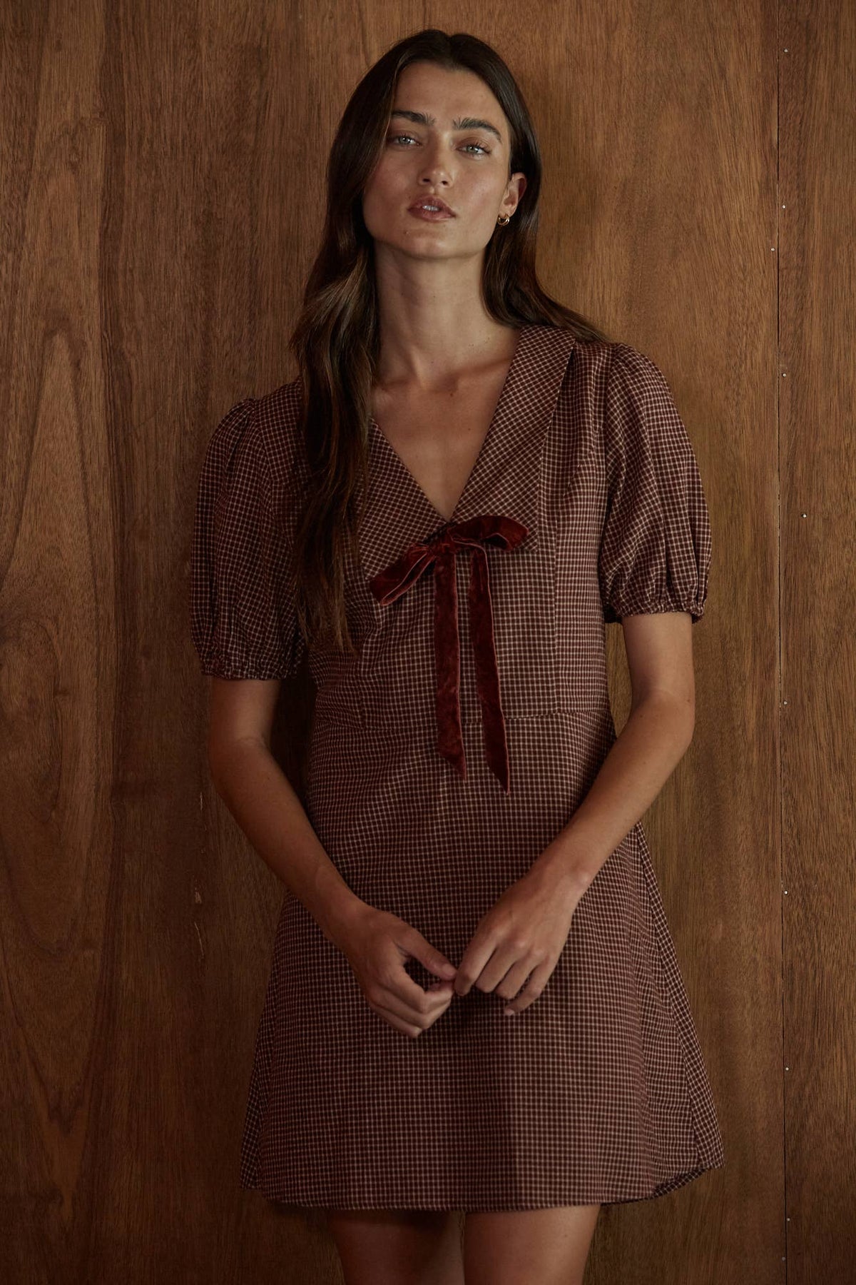 Collared Mini Dress with Velvet Bow Detail