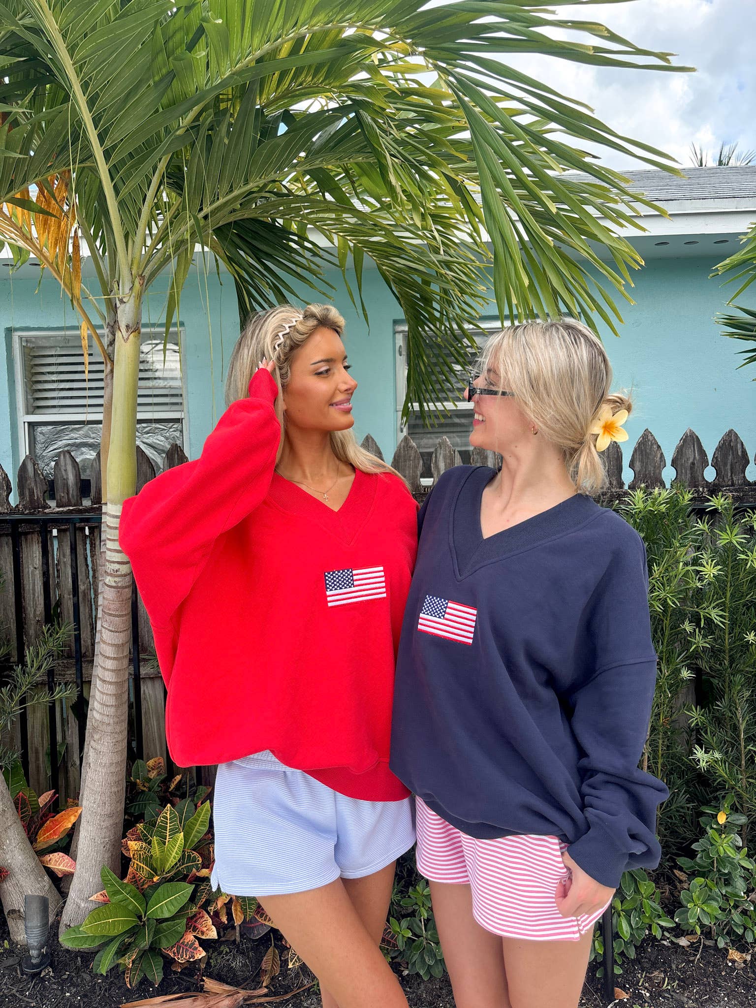 AMERICAN FLAG EMBROIDERED V-NECK SWEATSHIRT