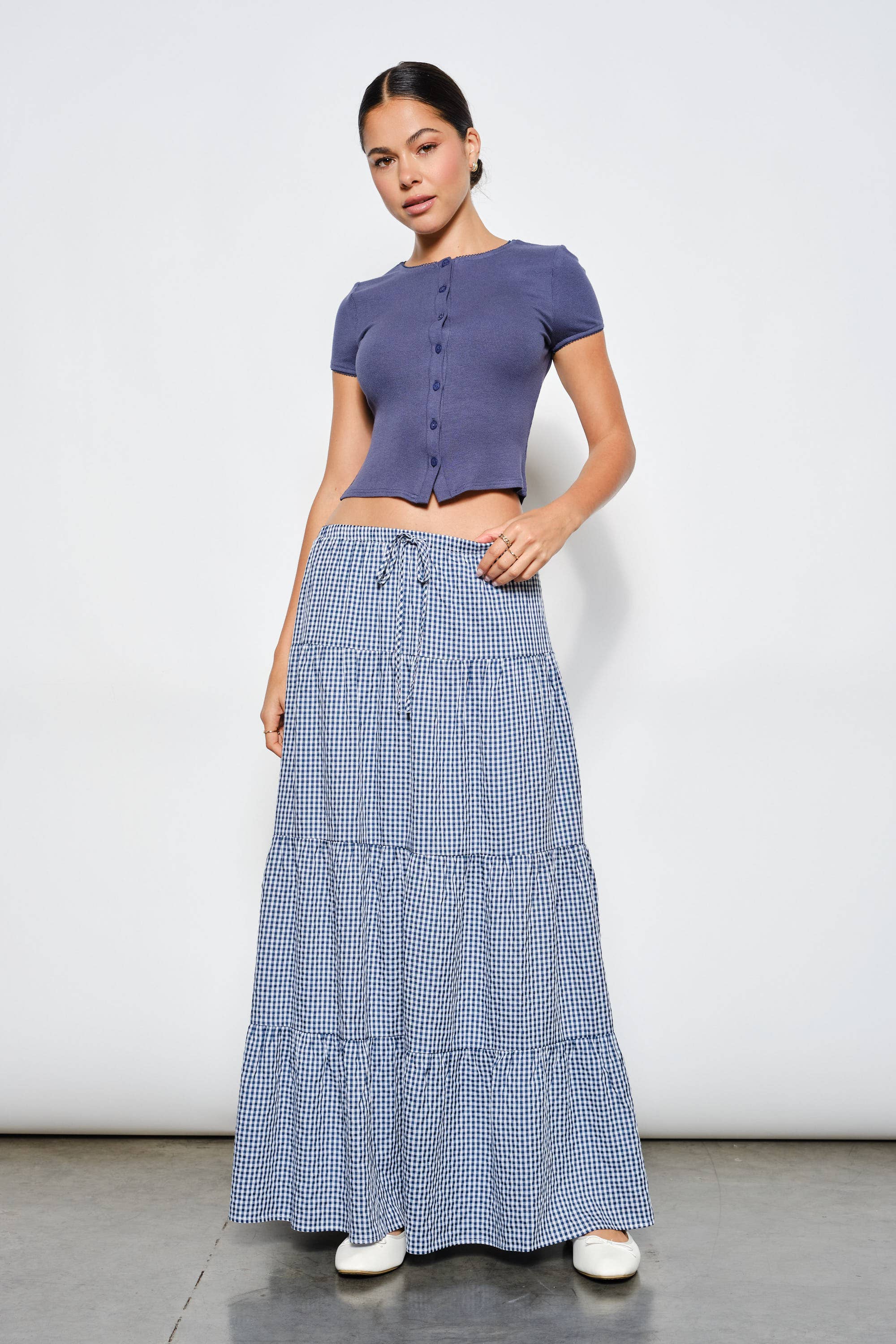 HENLEY GINGHAM TIERED MAXI SKIRT