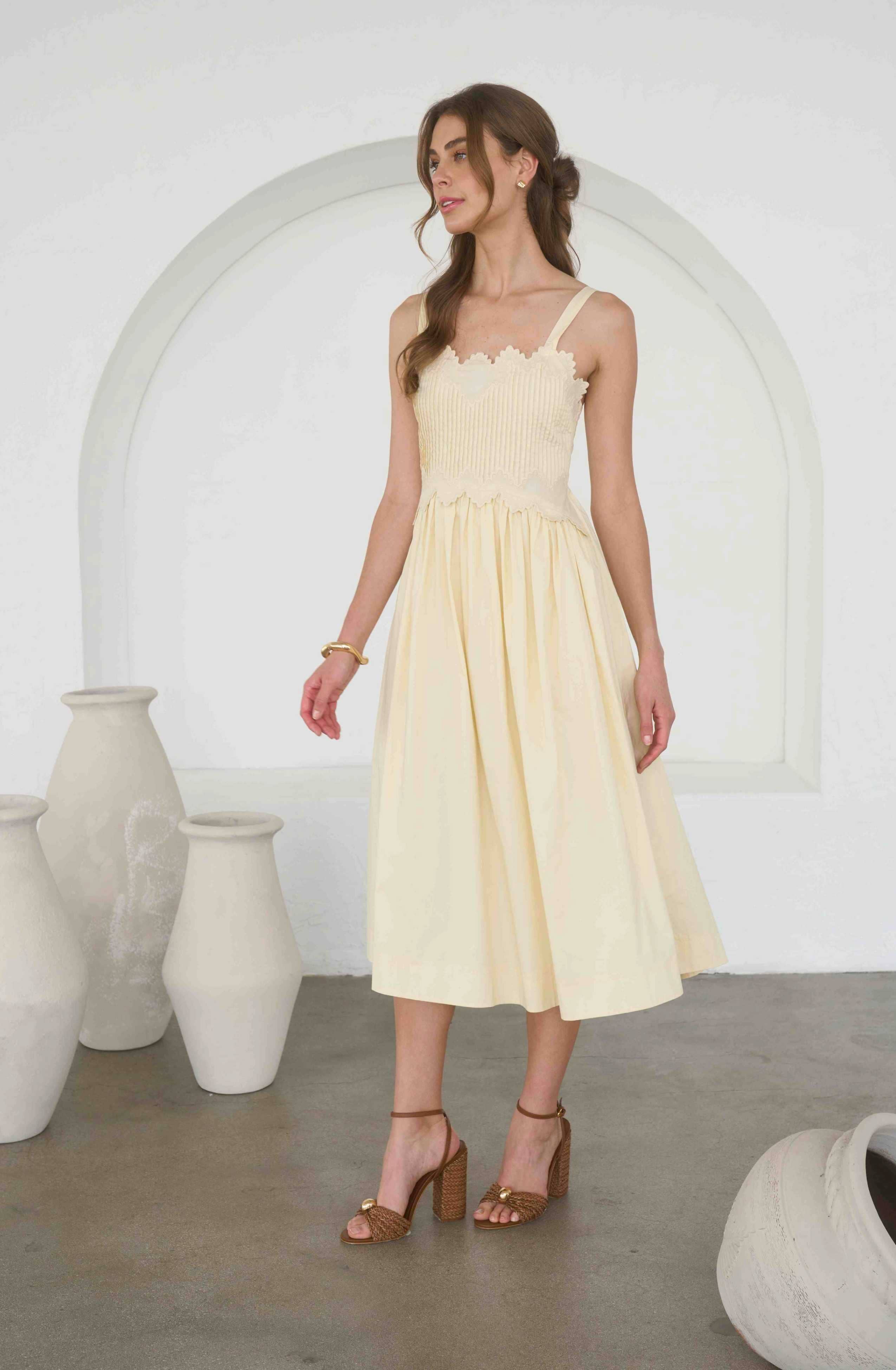 EMBROIDERED PINTUCK MIDI DRESS
