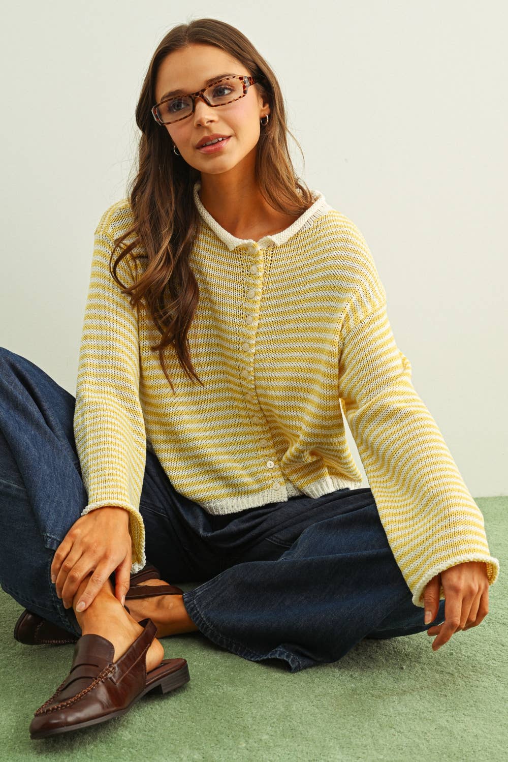 COLOR STRIPE BUTTON FRONT KNIT CARDIGAN
