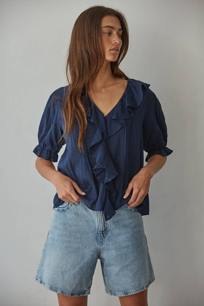 Woven V-Neck Short Sleeve Top