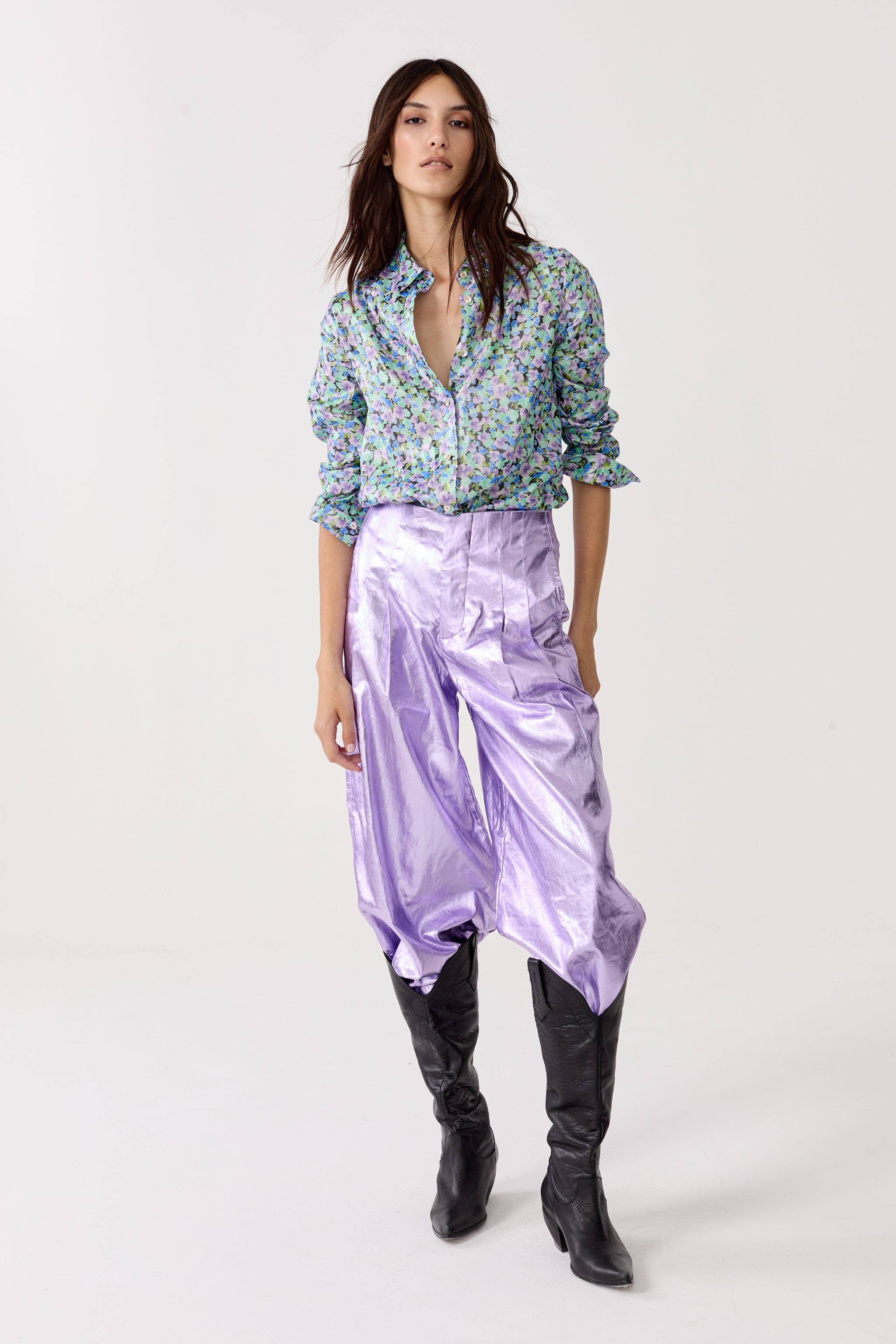 CULOTTE METALLIC LINEN PANTS in Violet