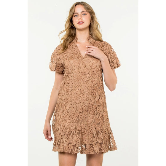 DETAILED MESH PUFF SLEEVE DRESS