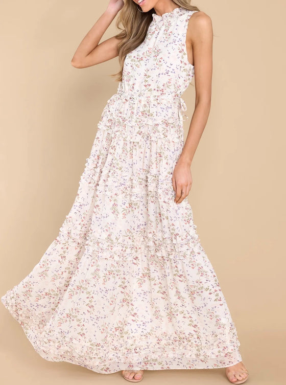 FLORAL PRINT FRILL DETAIL MAXI DRESS
