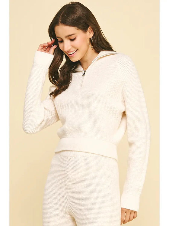 WAFFLE TEXTURED ZIP UP SWEATER