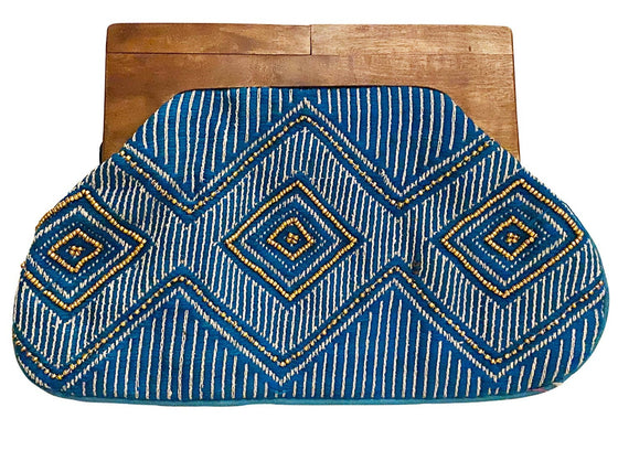 BLUE + GOLD BEADED CLUTCH WITH WOODEN HANDLE