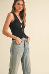TWISTED DETAIL OPEN FRONT RIBBED TOP