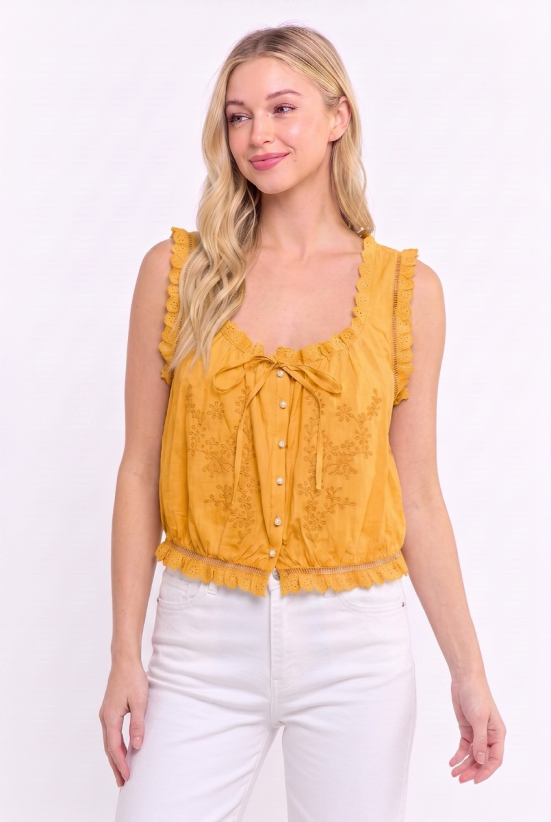 Embroidered Broderie  Cotton Sleeveless Top