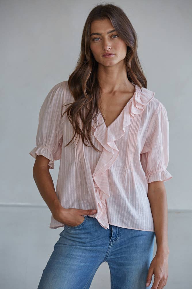Woven V-Neck Short Sleeve Top