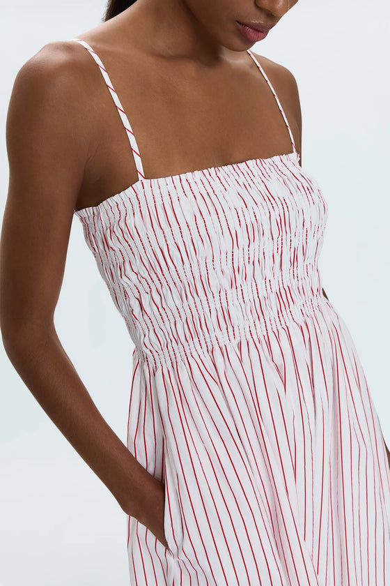 BIANCA SHIRRED BODICE DRESS in ruby stripe