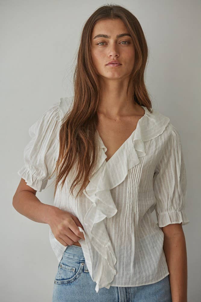 Woven V-Neck Short Sleeve Top