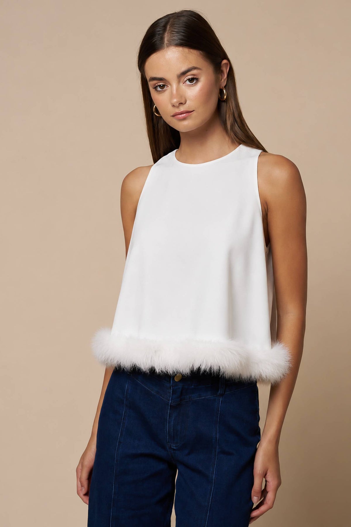 Feather Trim Sleeveless Top