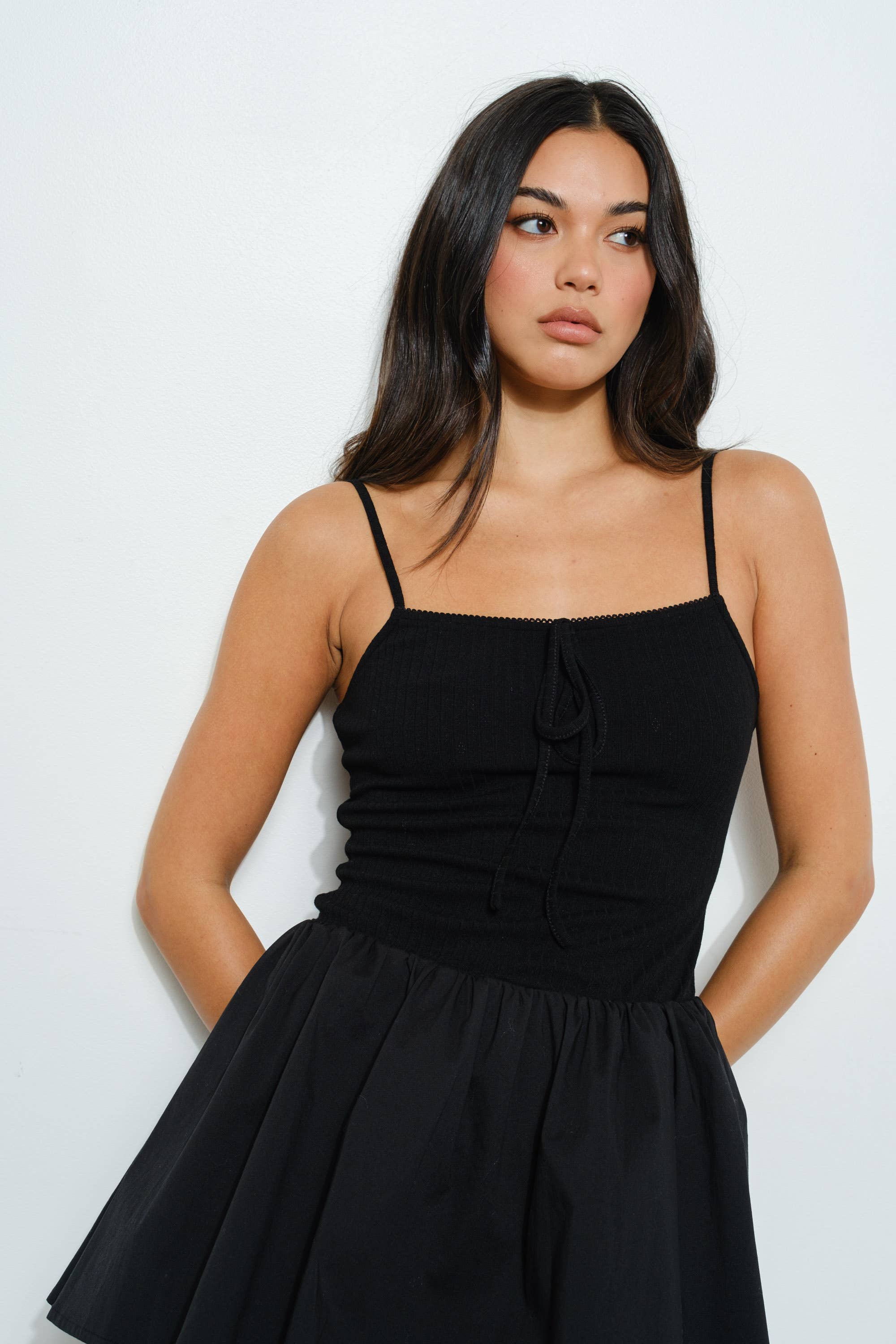 POINTELLE KNIT POPLIN COMBO MINI DRESS