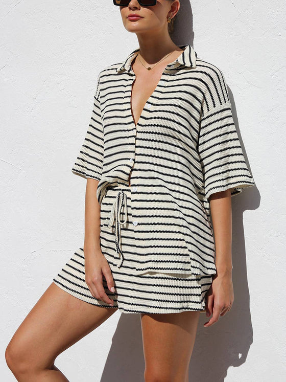 WAFFLE STRIPED SHIRT AND SHORTS SET