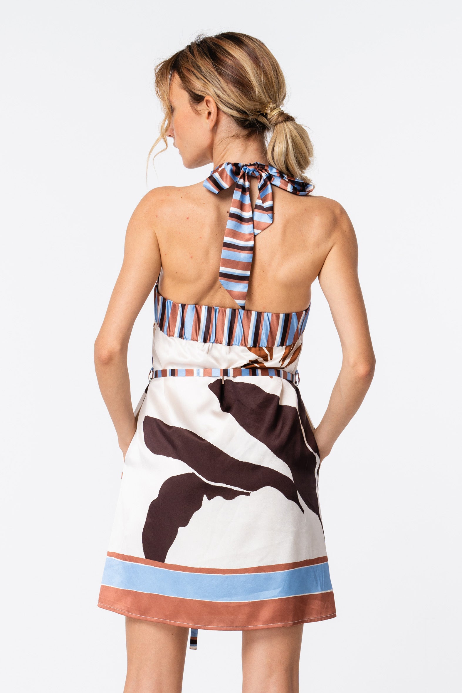LIO CROSS NECK HALTER MINI DRESS