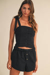 STRETCHY LINEN BUTTON DOWN TIE STRAP TOP