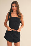 STRETCHY LINEN BUTTON DOWN TIE STRAP TOP