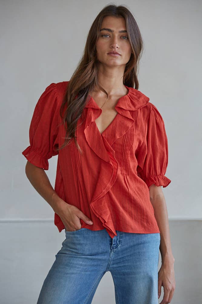 Woven V-Neck Short Sleeve Top