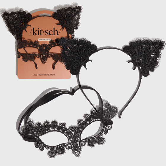 LACE HEADBAND & MASK 2PC SET - Black Cat