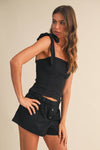STRETCHY LINEN BUTTON DOWN TIE STRAP TOP