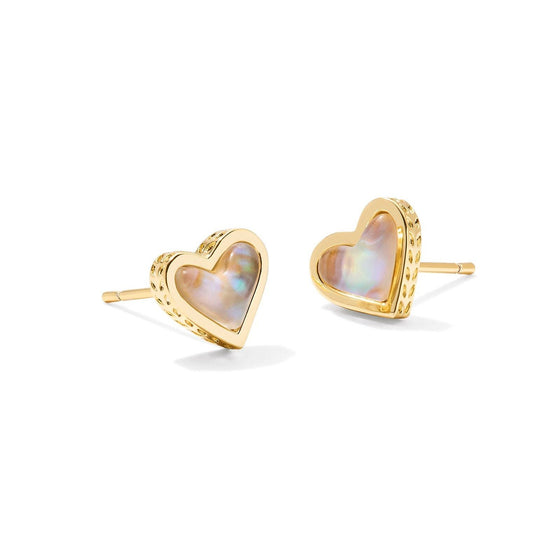 FRAMED ARI HEART GOLD STUD EARRINGS in iridescent abalone