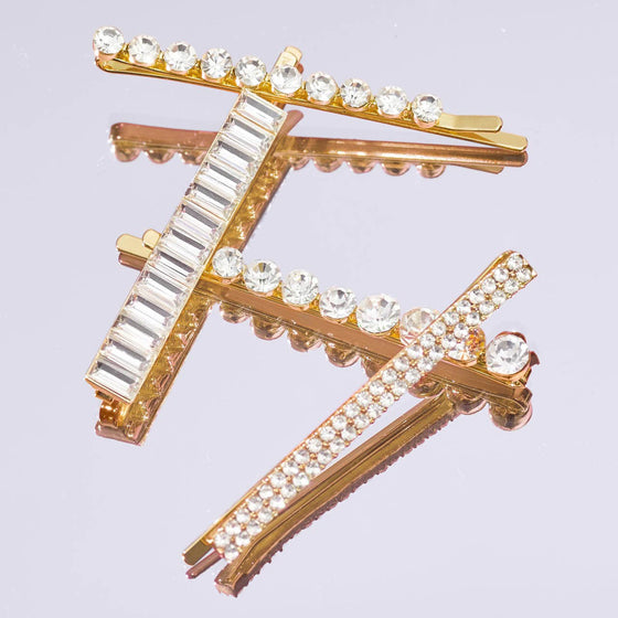 METAL RHINESTONE ASSORTED BOBBY PINS 4PC SET - Gold