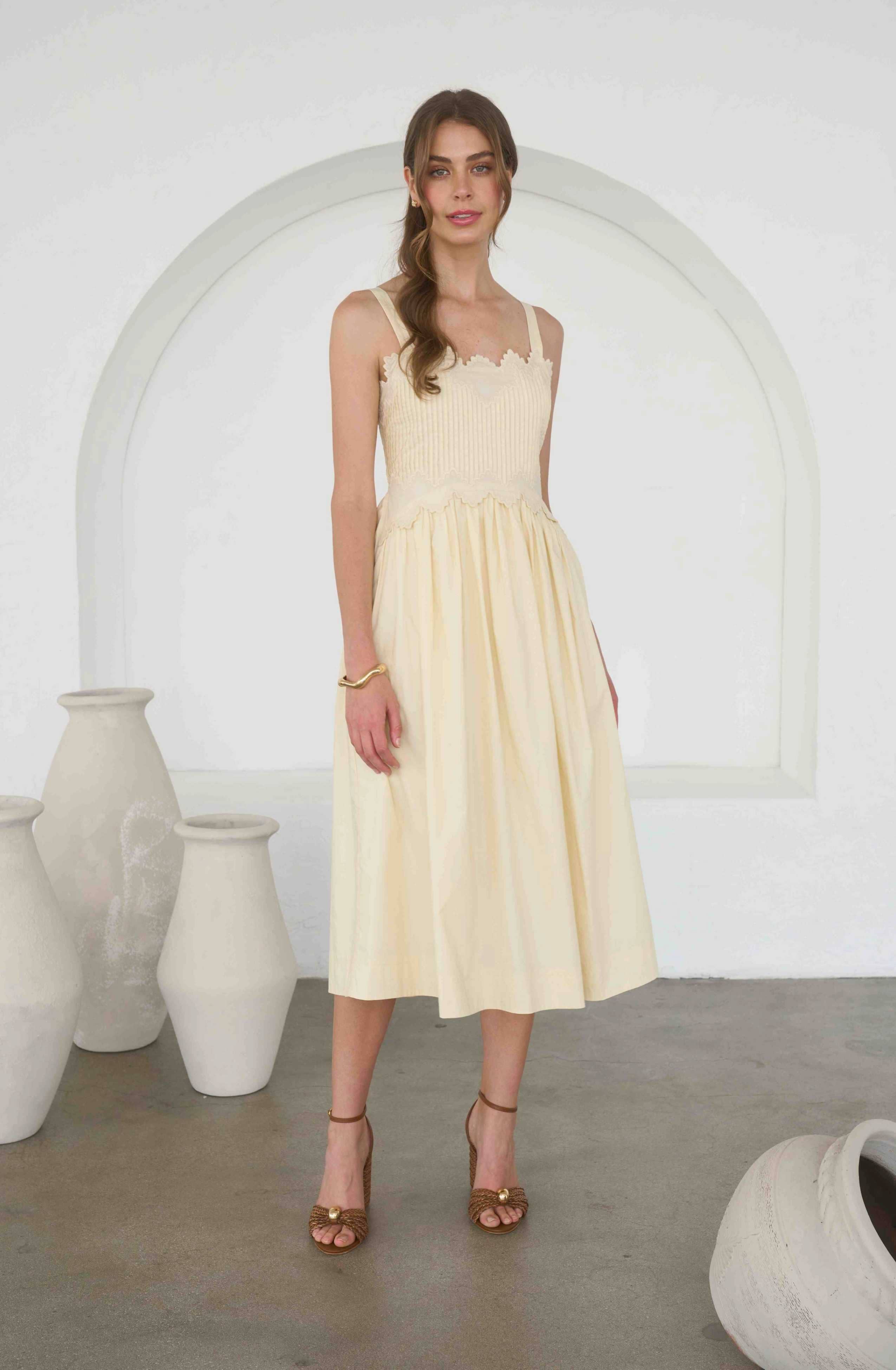 EMBROIDERED PINTUCK MIDI DRESS