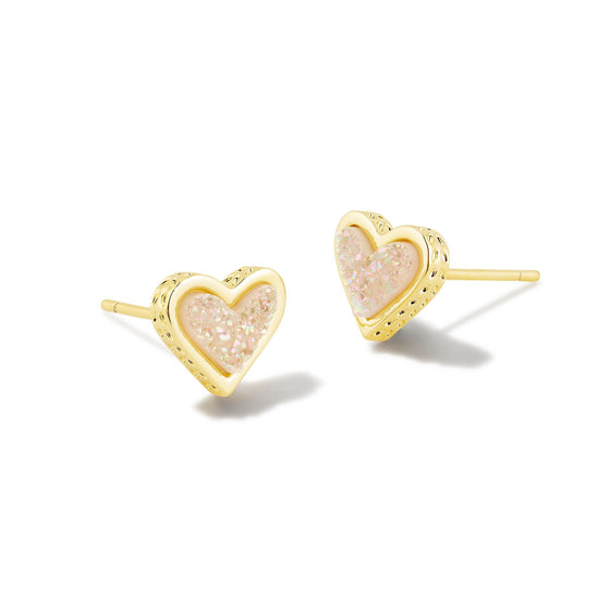 FRAMED ARI HEART GOLD STUD EARRINGS in iridescent drusy